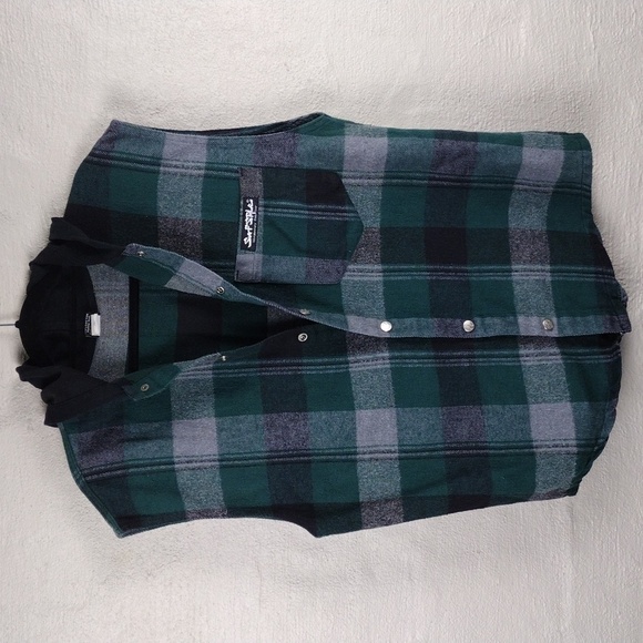 Surf Style Interplanetary Body Gear Green Windowpane Plaid Hooded Snap Up Vest - Picture 13 of 13